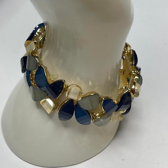 gold tone bracelet faux jewels in teals blue green costume jewelry - Picture 4 of 11